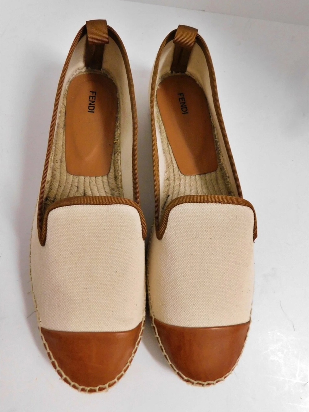 FENDI Junia Espadrilles Loafer Flat 42 Cream Canvas Saddle Brown Leather - Picture 2 of 5